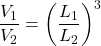 \[\frac{V_1}{V_2} = \left( \frac{L_1}{L_2} \right)^3\]