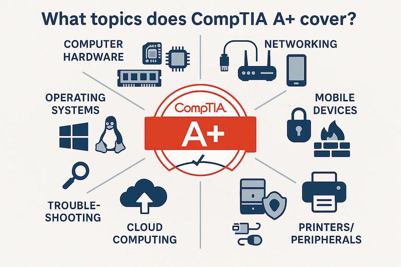 What topics does CompTIA A+ cover?
